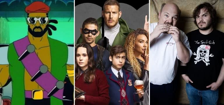 Three panel image of television shows 'Major Lazer', 'The Umbrella Academy', and 'Tenacious D'