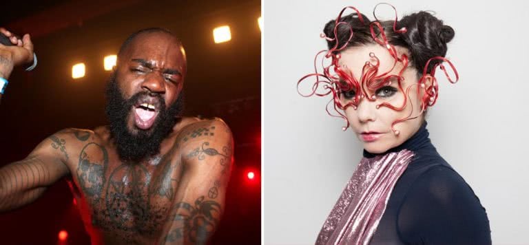 2 panel image of Death Grips and Björk