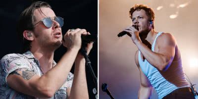2 panel image of Foster The People's Mark Foster and Imagine Dragons' Dan Reynolds