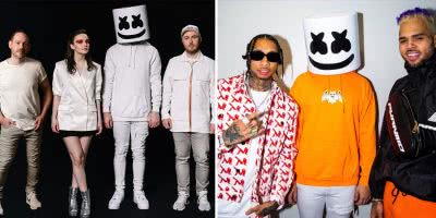 2 panel image of Marshmello and collaborators CHVRCHES, Tyga, and Chris Brown