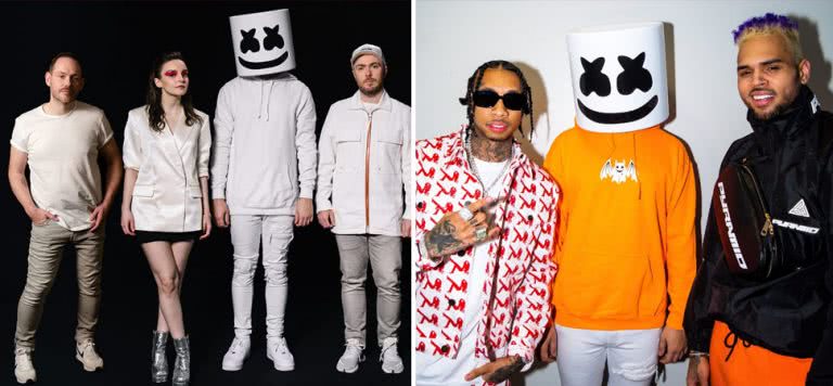 2 panel image of Marshmello and collaborators CHVRCHES, Tyga, and Chris Brown