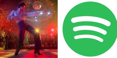 2 panel image of a scene from 'Saturday Night Fever' and the Spotify logo