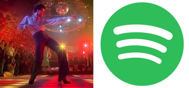 2 panel image of a scene from 'Saturday Night Fever' and the Spotify logo