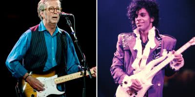2 panel image of Eric Clapton and Prince
