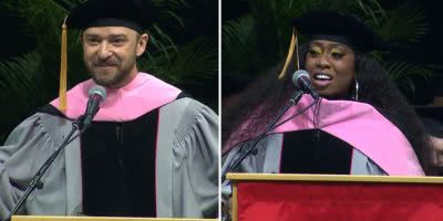 Justin Timberlake and Missy Elliott receiving their honorary doctorate degrees