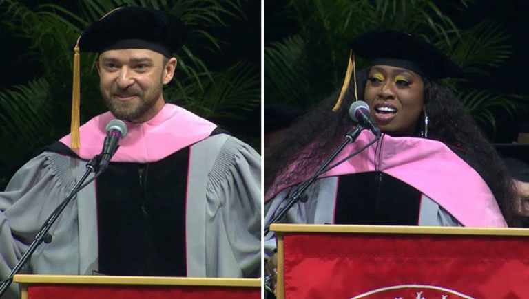 Justin Timberlake and Missy Elliott receiving their honorary doctorate degrees