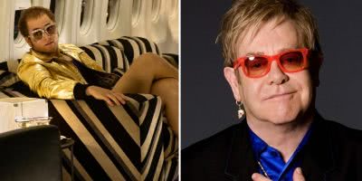 2 panel image of Taron Egerton as Elton John in 'Rocketman', and Elton John