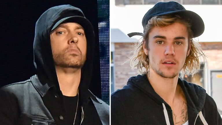 2 panel image of Eminem and Justin Bieber