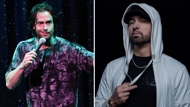 2 panel image of comedian Chris D'Elia and hip-hop star Eminem