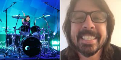 2 panel images of Dave Grohl of the Foo Fighters congratulating 9-year-old Yoyoka Soma
