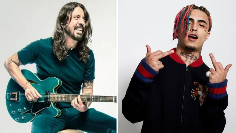 2 panel image of Dave Grohl and Lil Pump