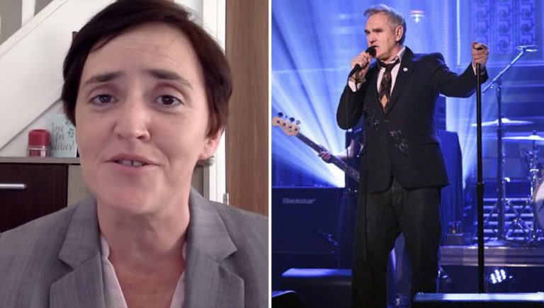 2 panel image of For Britain leader Anne Marie Waters and iconic singer Morrissey