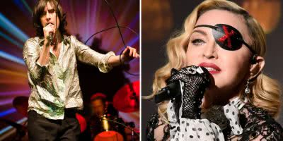 2 panel image of Primal Scream's Bobby Gillespie and Madonna