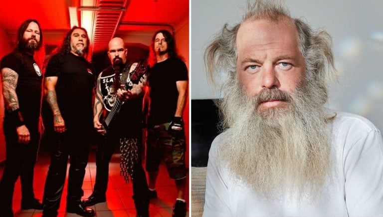 2 panel image of Slayer and Rick Rubin