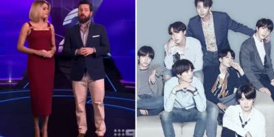 Image of the hosts of Channel 9's '20 To One' and the members of South Korean group BTS