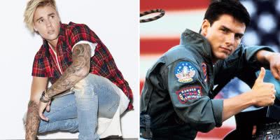 2 panel image of Justin Bieber and Tom Cruise in 'Top Gun'