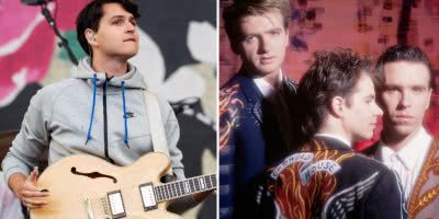 2 panel image of Ezra Koenig of Vampire Weekend and the members of Crowded House in the '80s