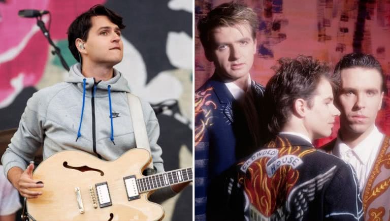 2 panel image of Ezra Koenig of Vampire Weekend and the members of Crowded House in the '80s