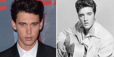 2 panel image of Austin Butler and Elvis Presley