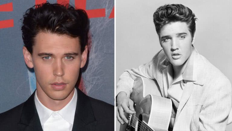 2 panel image of Austin Butler and Elvis Presley