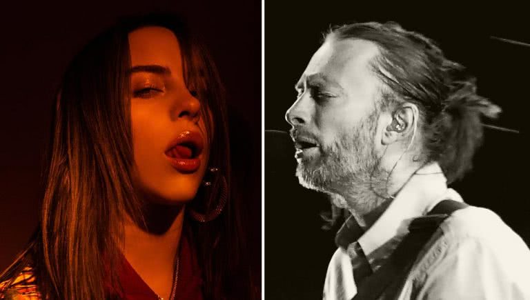 2 panel image of Billie Eilish and Radiohead frontman Thom Yorke