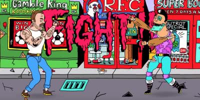 Screenshot from the new IDLES clip 'Never Fight A Man With A Perm'