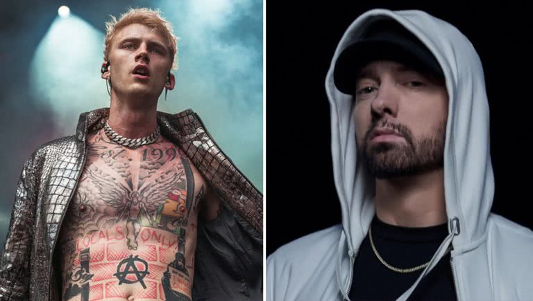 2 panel image of Machine Gun Kelly and Eminem