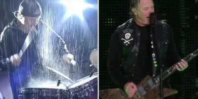 Image of Metallica performing during a rain storm in Manchester