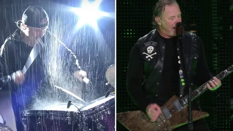 Image of Metallica performing during a rain storm in Manchester