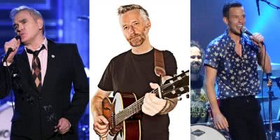 Three panel image of Morrissey, Billy Bragg, and Brandon Flowers of The Killers