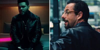 2 panel image of The Weeknd and Adam Sandler in 'Uncut Gems'