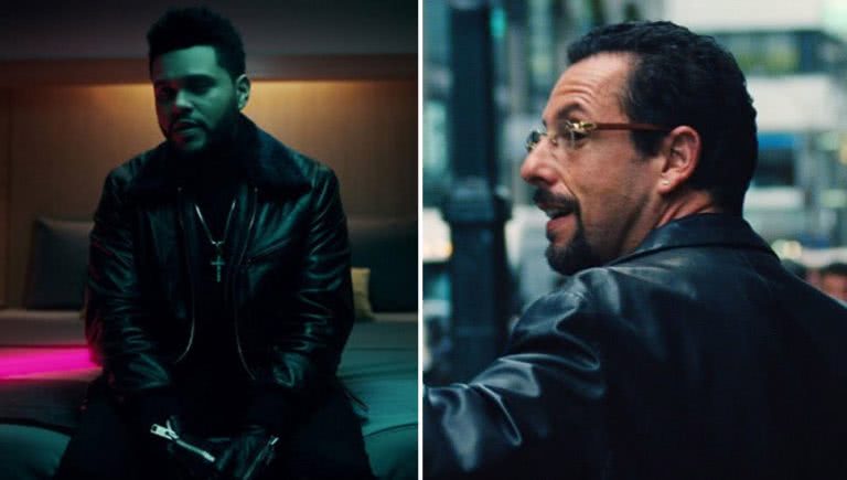 2 panel image of The Weeknd and Adam Sandler in 'Uncut Gems'