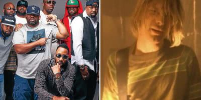 2 panel image of the Wu-Tang Clan and Kurt Cobain of Nirvana