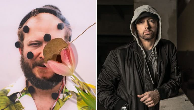 2 panel image of Justin Vernon of Bon Iver and Eminem