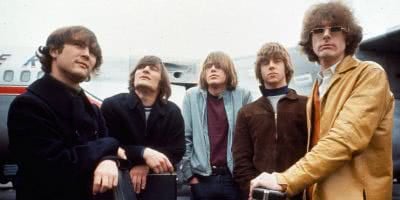 Image of The Byrds in 1965, including David Crosby, Gene Clark, Michael Clarke, Chris Hillman, and Roger McGuinn