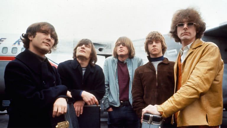 Image of The Byrds in 1965, including David Crosby, Gene Clark, Michael Clarke, Chris Hillman, and Roger McGuinn