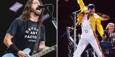 2 panel image of Dave Grohl from the Foo Fighters and Freddie Mercury of Queen