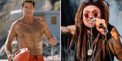 2 panel image of David Hasselhoff and Ministry's Al Jourgensen