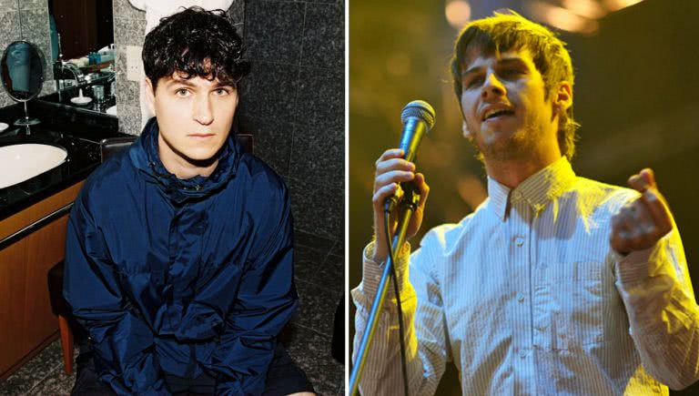 2 panel image of Vampire Weekend's Ezra Koenig and Foster The People's Mark Foster