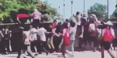 Image of people attempting to jump the fence to enter Lollapalooza