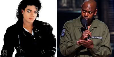 2 panel image of Michael Jackson and Dave Chappelle in his 'Sticks & Stones' special