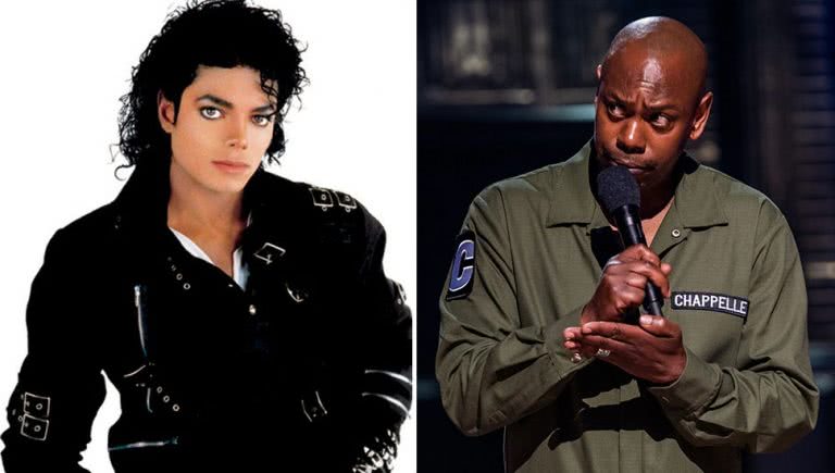 2 panel image of Michael Jackson and Dave Chappelle in his 'Sticks & Stones' special