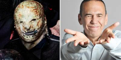 2 panel image of Tortilla Man from Slipknot, and comedian Gilbert Gottfried