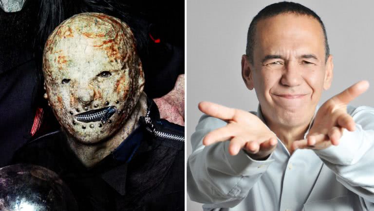 2 panel image of Tortilla Man from Slipknot, and comedian Gilbert Gottfried