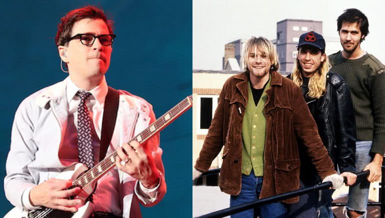 Photo of Weezer frontman Rivers Cuomo and press shot of Nirvana