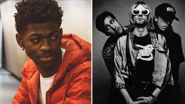 2 panel image of Lil Nas X and Nirvana