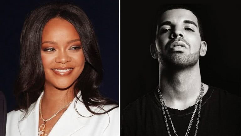 2 panel image of Rihanna and Drake