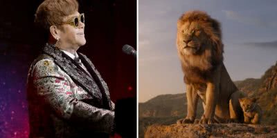 2 panel image of Elton John and a still from the 2019 remake of 'The Lion King'