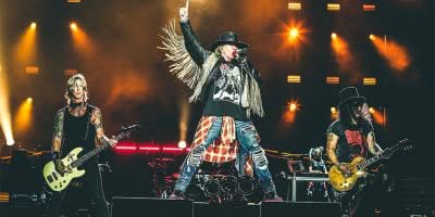 Image of Guns N' Roses performing live with frontman Axl Rose pictured front