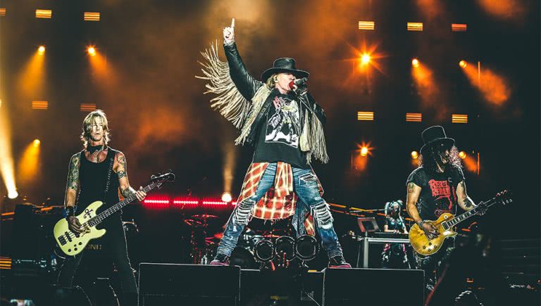 Image of Guns N' Roses performing live with frontman Axl Rose pictured front